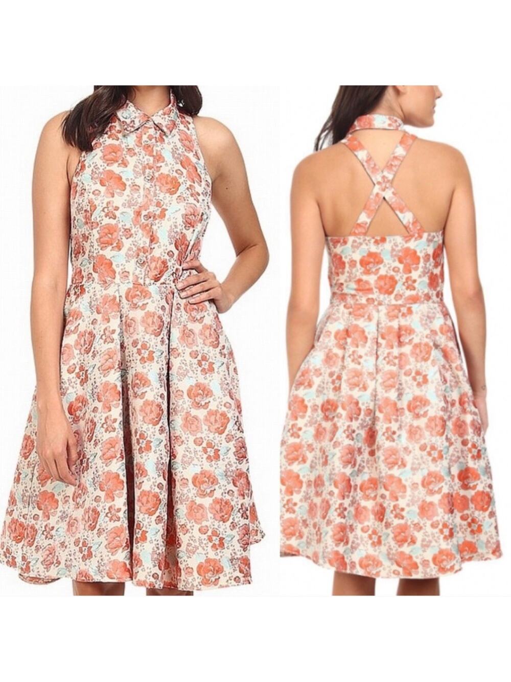 Eva Franco floral cream coral halter dress - size 0 NWT